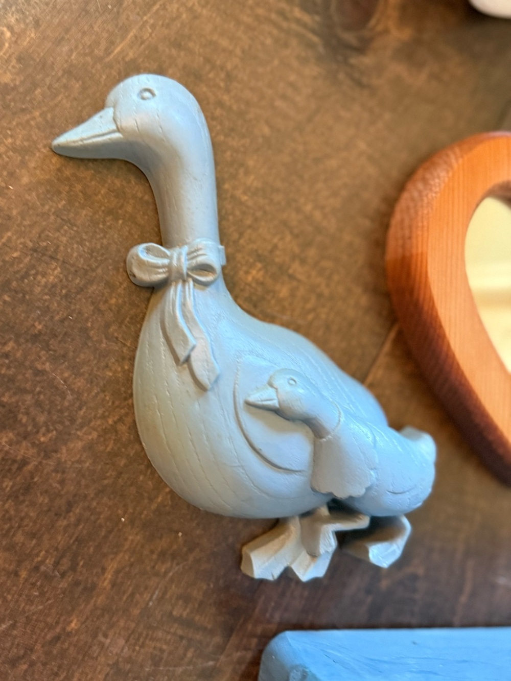 Blue Decorative Duck Figurine with Duckling